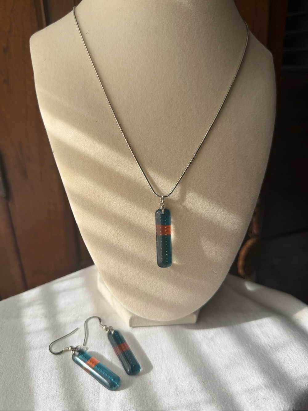 Artisan Fused Glass Necklace & Earrings Set Teal With Copper Accent Modernist